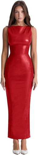 Modern Faux Leather Sleeveless Red Maxi Dress