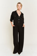 Load image into Gallery viewer, Cargo Black Basic Collar Shirt Wide leg Jumpsuit