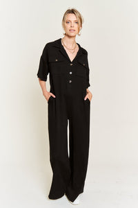 Cargo Black Basic Collar Shirt Wide leg Jumpsuit