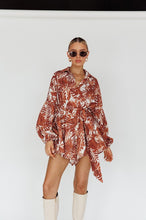 Load image into Gallery viewer, Brown Leaves Print Belted Puff Sleeved Romper