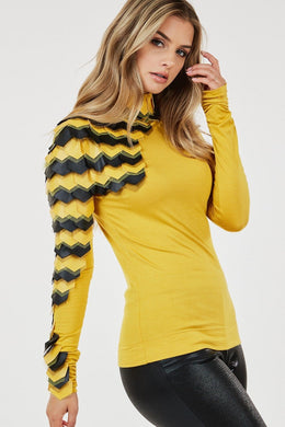 High Fashion Yellow Faux Leather Scale Sleeve Turtleneck Knit Top