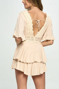 Beige Ruffle Sleeved Short Romper with Crochet Trim