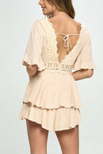 Load image into Gallery viewer, Beige Ruffle Sleeved Short Romper with Crochet Trim