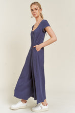 Load image into Gallery viewer, Plus Size Navy Blue Linen Button Down Wide Leg Jumpsuit