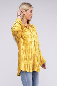 Wrinkle Effect Tiered Shirring Mustard Velvet Shirt