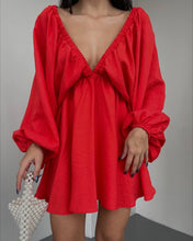 Load image into Gallery viewer, Truffled Red Deep V Lantern Sleeve Mini Dress