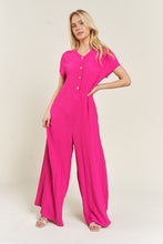 Load image into Gallery viewer, Loose Fit Fuschia Pink Textured Short Sleeve Jumpsuit