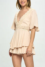 Load image into Gallery viewer, Beige Ruffle Sleeved Short Romper with Crochet Trim