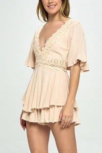 Beige Ruffle Sleeved Short Romper with Crochet Trim