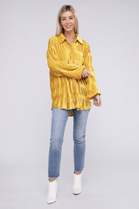 Wrinkle Effect Tiered Shirring Mustard Velvet Shirt