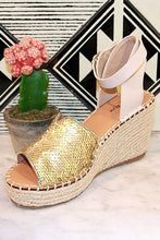 Load image into Gallery viewer, Matte Gold Platform Wedge Espadrille Heels