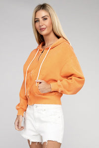 Orange Acid Wash Fleece Cropped Zip-Up Hoodie