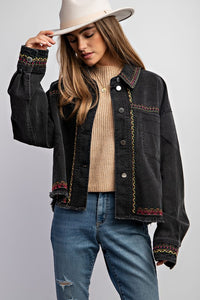 Embroidered Black Wash Cotton Jacket