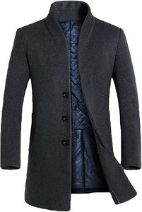 Men's Navy Blue Mid-Length Single Breasted Wool Blend Top Coat