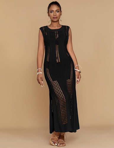 Black Sleeveless Crochet Knit Maxi Dress