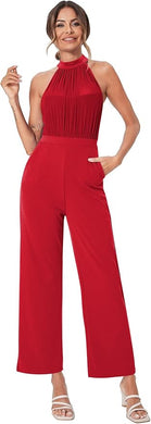 Sophisticated Red Halter Sheer Sleeveless Jumpsuit