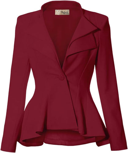 Business Chic Red Wine Peplum Style Long Sleeve Lapel Blazer