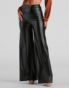 Belted Black Drawstring Faux Leather High Waist Pants