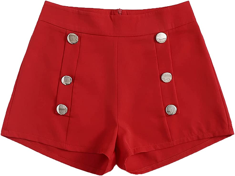 Summer Chic Gold Button High Red Waist Shorts