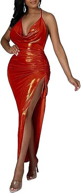 Goddess Draped Ruched Cocktail Red Maxi Dress