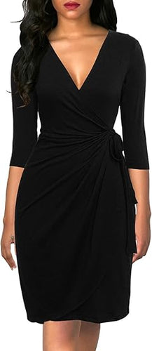 Berydress Black V Neck Casual Party Wrap Dress