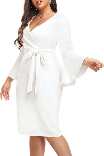 Plus Size White V Neck Bell Sleeve Wrap Pencil Dress