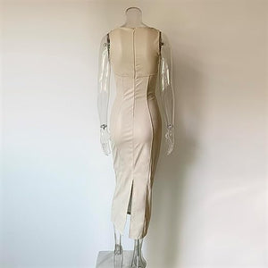 Modern Faux Leather Sleeveless Beige Maxi Dress