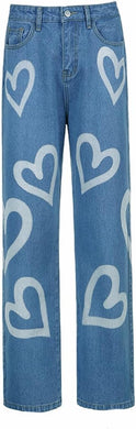 Heart Printed Blue High Waist Straight Leg Denim Jeans