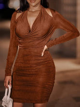 Load image into Gallery viewer, Plus Size Black Wrap &amp; Ruched Long Sleeve Mini Dress