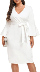 Plus Size White V Neck Bell Sleeve Wrap Pencil Dress