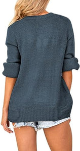 Chic Loose Fit Dark Blue Long Sleeve Wrap Sweater