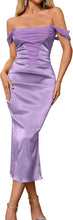 Load image into Gallery viewer, Lavender Purple Satin Patchwork Off Shoulder Midi Dress
