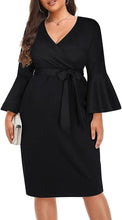 Load image into Gallery viewer, Plus Size Black V Neck Bell Sleeve Wrap Pencil Dress