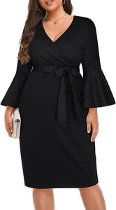 Plus Size Black V Neck Bell Sleeve Wrap Pencil Dress