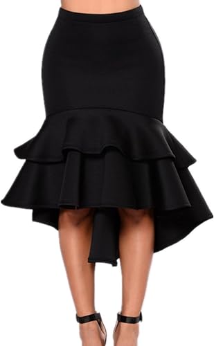 Black Ruffle Mermaid Midi Skirt