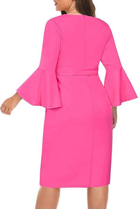 Plus Size Pink V Neck Bell Sleeve Wrap Pencil Dress