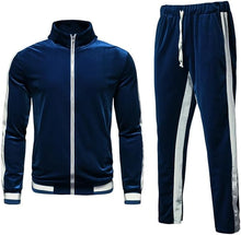 Load image into Gallery viewer, Men&#39;s Navy Blue Velvet Long Sleeve Jacket/Pants Jogging Sweatsuit/Tracksuit