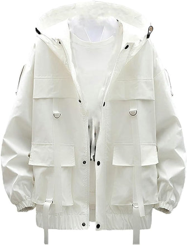 Men's White Cargo Style Hooded Bomber Jacket