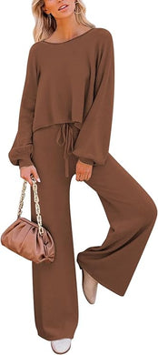 Comfort Knit Sweatsuit Pullover Brown Long Sleeve Top & Wide Leg Pants Set