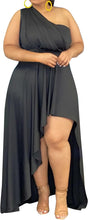 Load image into Gallery viewer, Plus Size Black One Sleeve Cascading Ruffle Maxi Dress