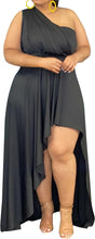 Load image into Gallery viewer, Plus Size Black One Shoulder Cascading Ruffle Maxi Dress