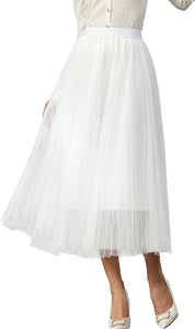 Prestigious Tulle White Pleated Flowy Maxi Skirt