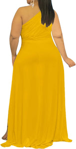 Plus Size Yellow One Shoulder Cascading Ruffle Maxi Dress