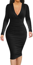 Load image into Gallery viewer, Ruched Red Long Sleeve V Neck Midi Dress