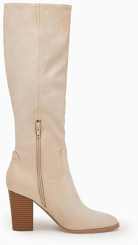 Beige Wide Calf Square Heel Knee High Boots