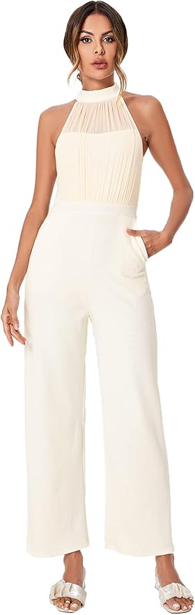 Sophisticated Beige Halter Sheer Sleeveless Jumpsuit