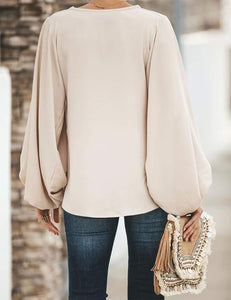 Chic Beige Balloon Sleeve Loose Fit Blouse