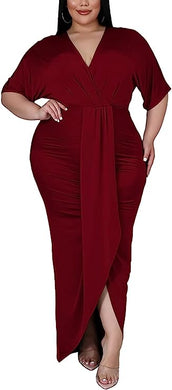 Plus Size Wine Red Draped V Cut Maxi Dress