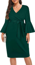 Load image into Gallery viewer, Plus Size Hunter Green V Neck Bell Sleeve Wrap Pencil Dress