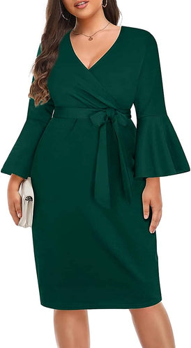 Plus Size Hunter Green V Neck Bell Sleeve Wrap Pencil Dress